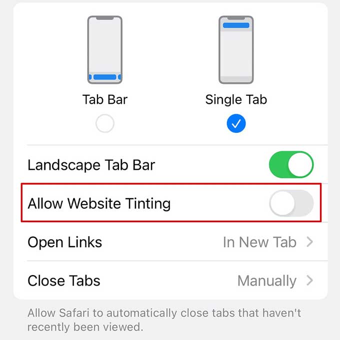 Allow website tinting