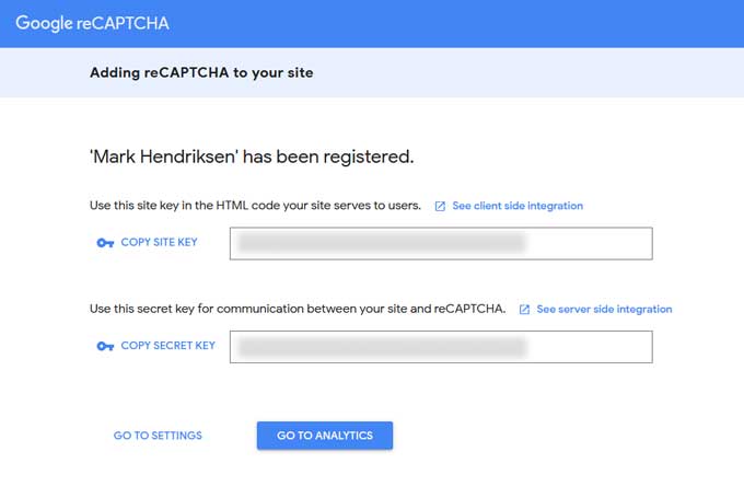 Google reCaptcha site and secret key