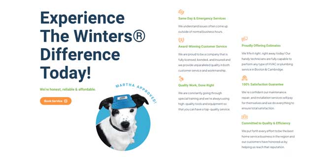Plumbing website example with awards and achievements